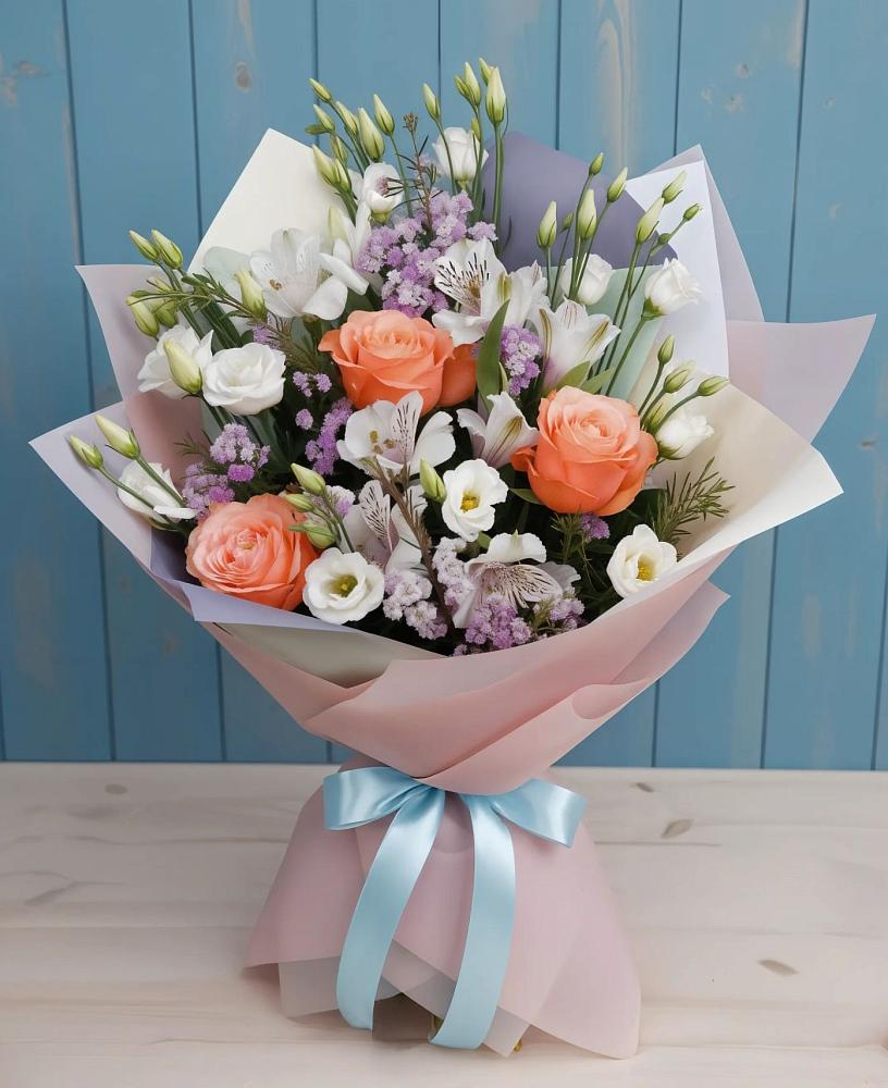 Букет цветов из: Лизиантусы, Розы, Альстромерии и Гипсофила в Новотерском