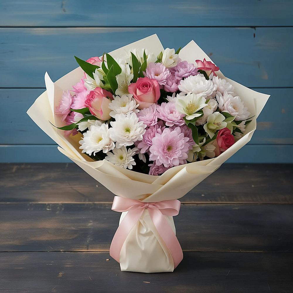 Букет цветов из: Хризантемы, Альстромерии и Розы в Новотерском